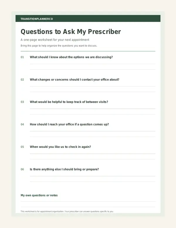 Preview of the free worksheet: six questions to ask your prescriber, with writing lines for notes and your own questions.
